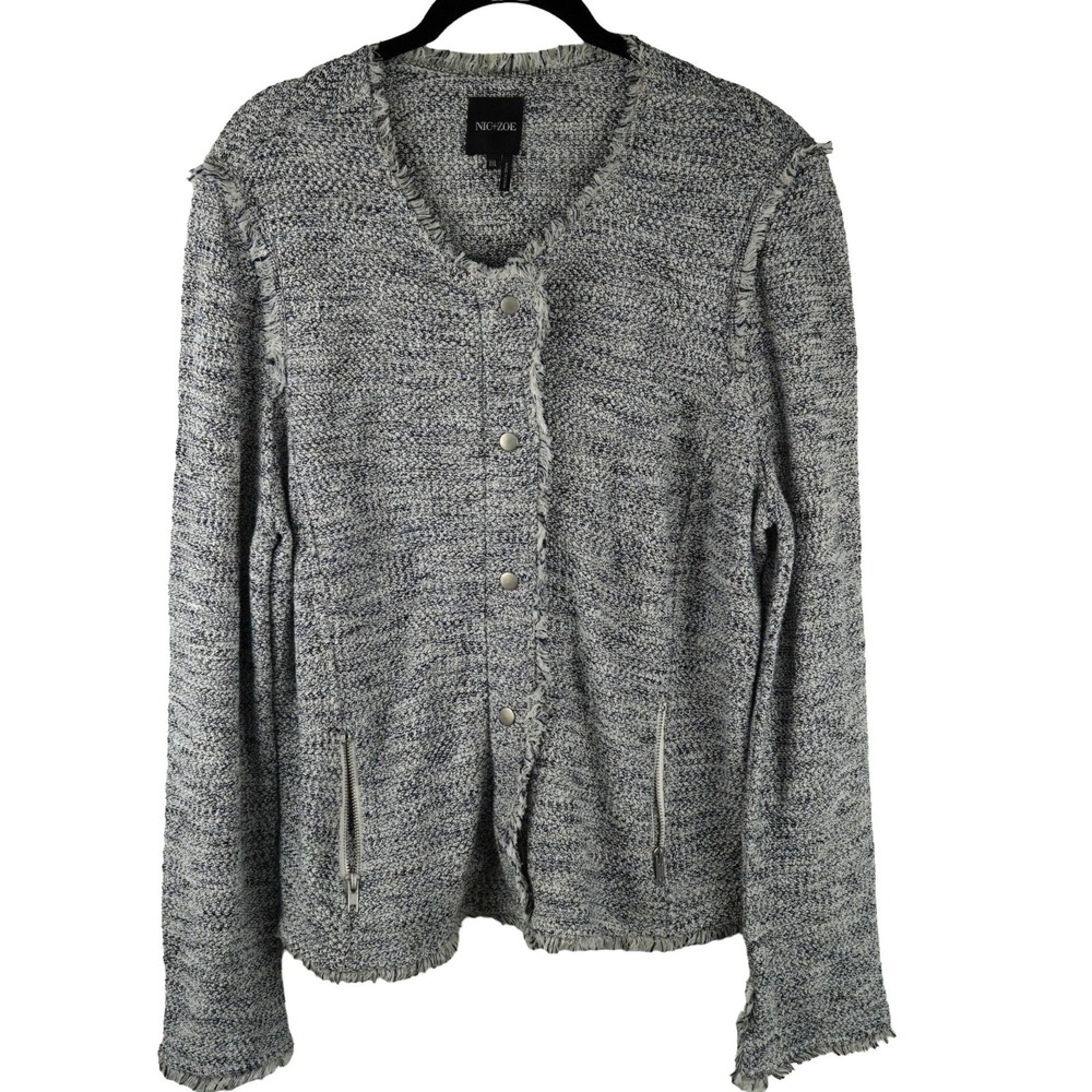 NIC+ZOE Tweed Jacket Women XXL Blue White‎ Fringe Trim Snap Front Professional